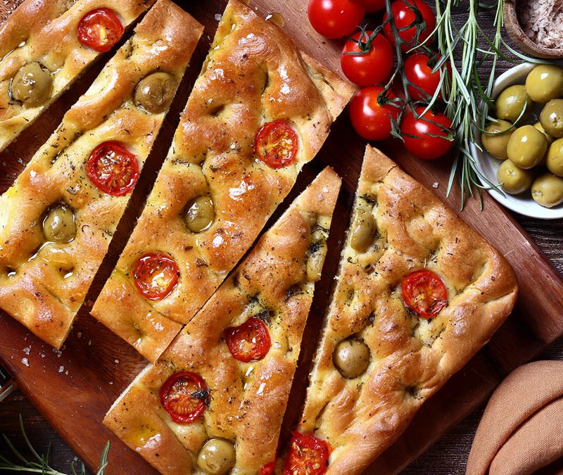Focaccia with Fragata garlic filled olives and cherry tomatoes