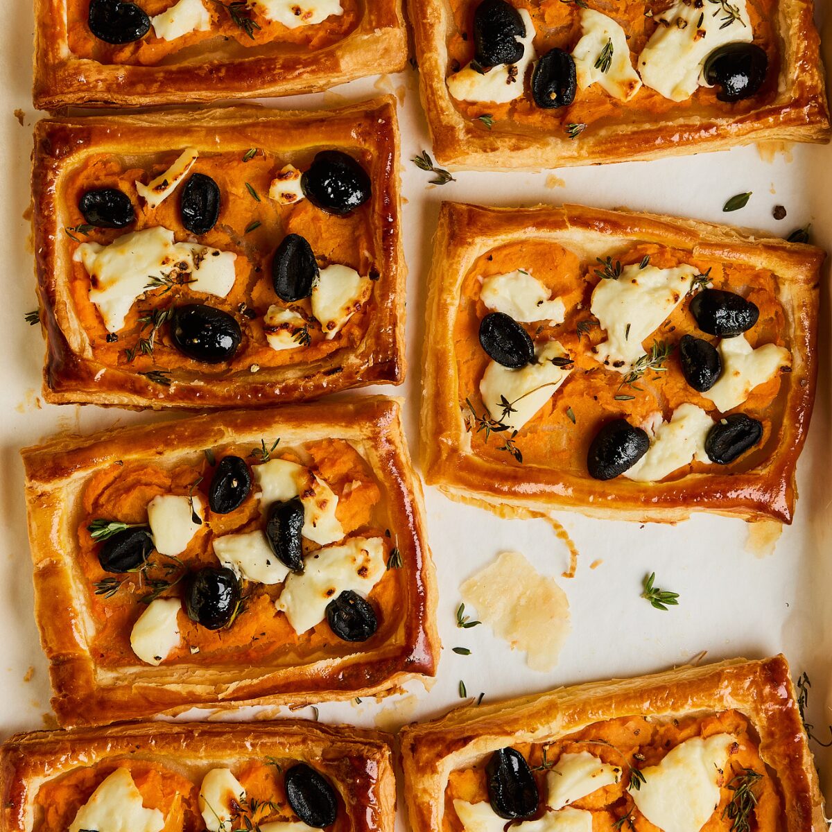 Black olive and butternut squash tartlets